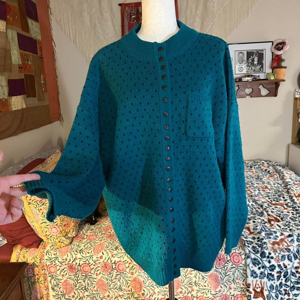 Venezia Sportswear Teal and Polkadot 1980s Slouchy Acrylic Sweater
